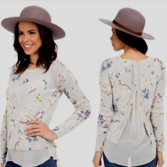 Lucky Brand Floral Layered Knit Top Embroidered Split Back S #56D - Picture 1 of 8